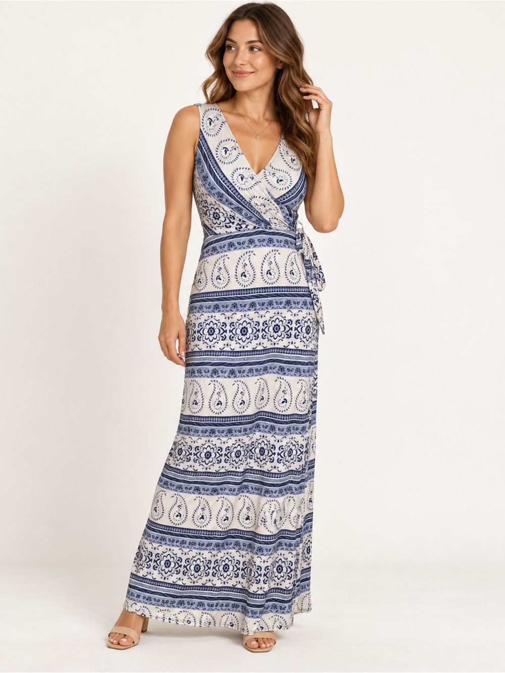 Jayden jersey faux wrap maxi dress blue white paisley floral nautical boho